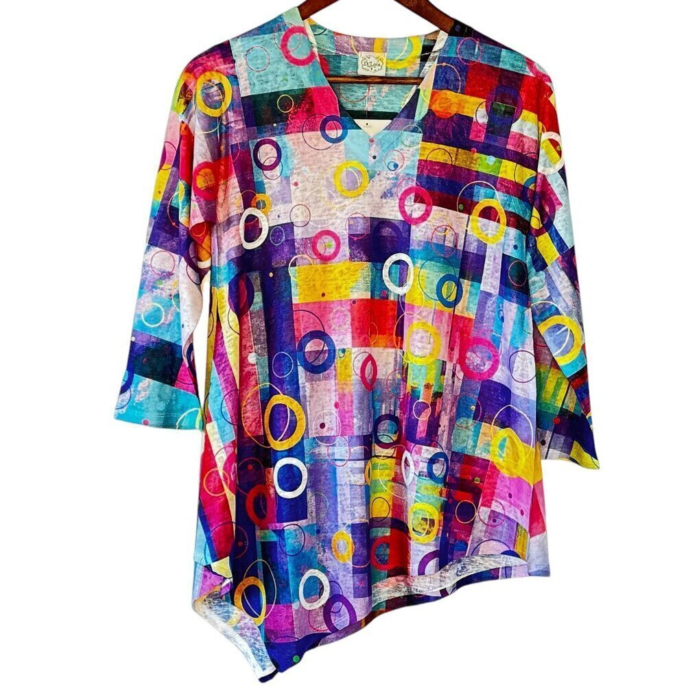 Et' Lois Moon Tunic NEW Multicolor V Neck Asymmetrical Hem 3 Qtr Sleeve Size S